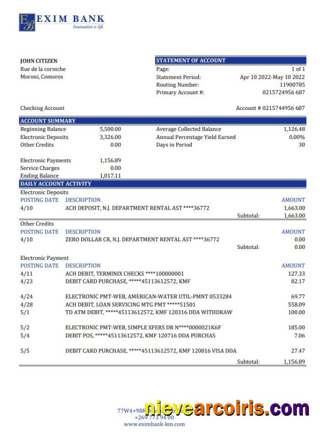 Comoros  Exim bank statement xls